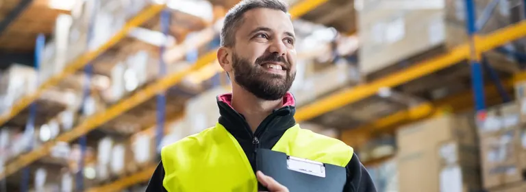 Un opérateur logistique souriant dans un entrepôt